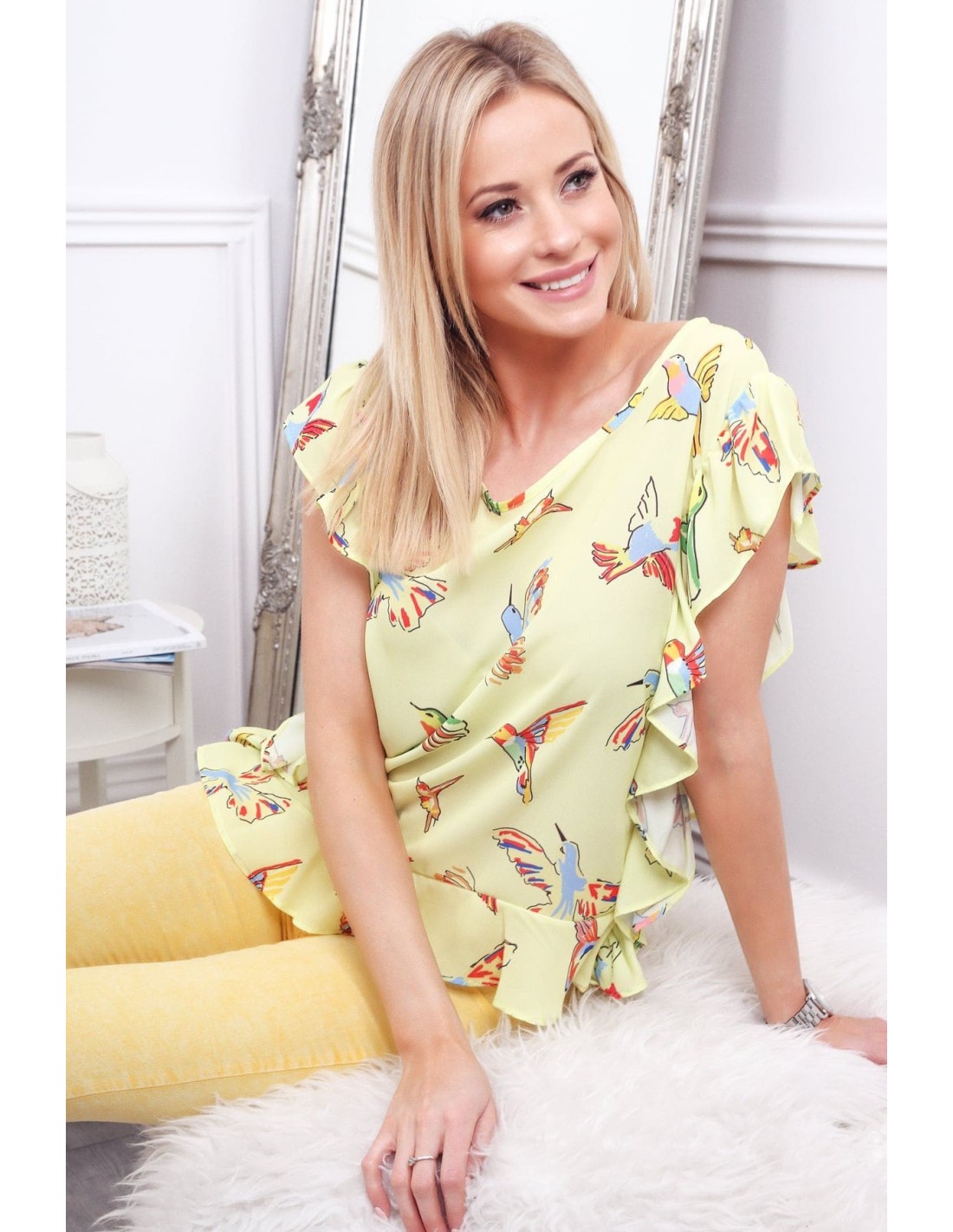 Lemon blouse with colorful birds MP28391 - Online store - Boutique